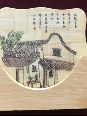 NWOT Set of 6 Hand-Painted Bamboo coasters, 3.8 x 3.8”